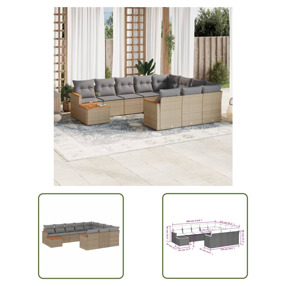 The Living Store 11-cz. zestaw mebli ogrodowych z poduszkami - beżowy - polirattan - Sofa Ogrodowa