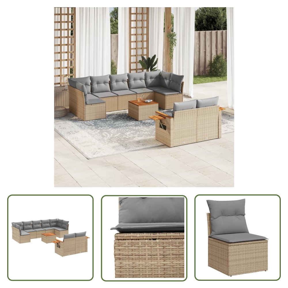 The Living Store 10-cz. zestaw mebli ogrodowych z poduszkami - beżowy - polirattan - Sofa Ogrodowa