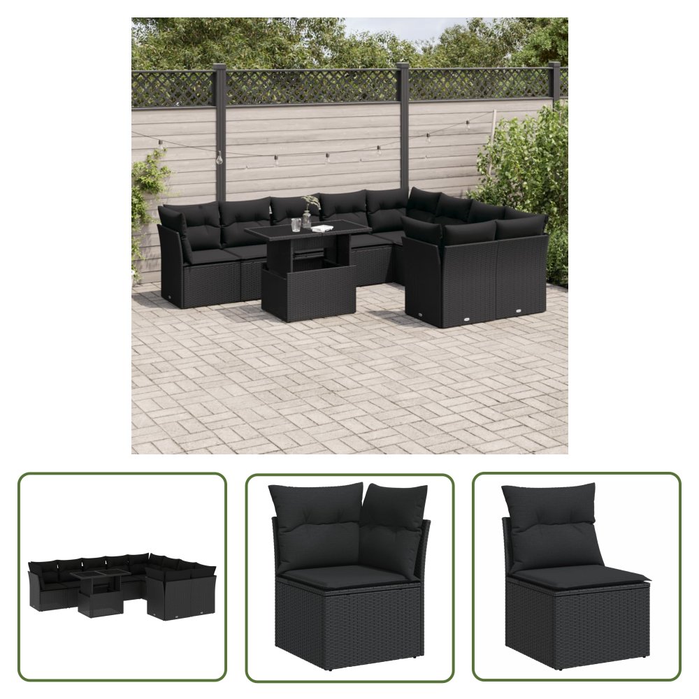 The Living Store 10-cz. zestaw wypoczynkowy do ogrodu - z poduszkami - czarny - Sofa Ogrodowa