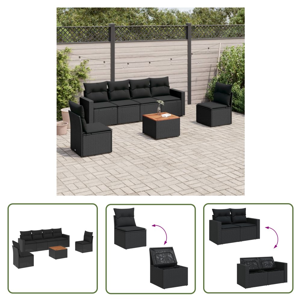 The Living Store 7-cz. zestaw wypoczynkowy do ogrodu - z poduszkami - czarny - Sofa Ogrodowa