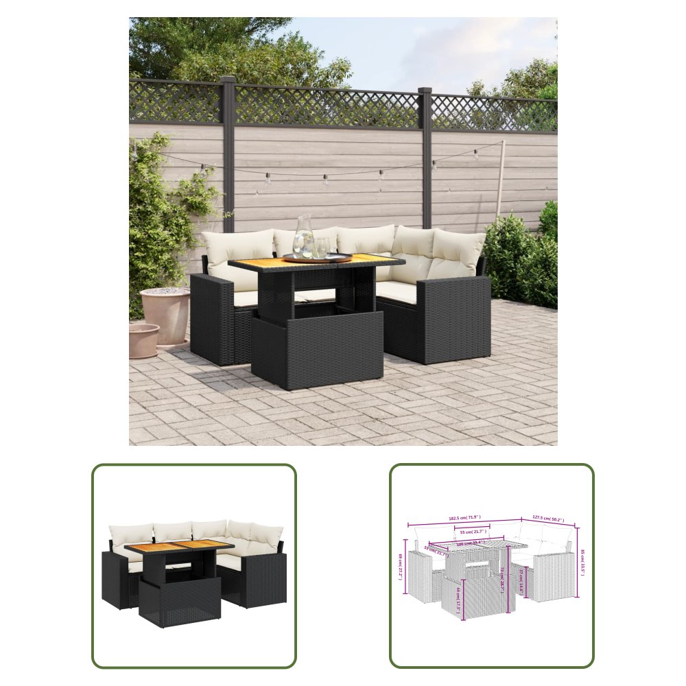 The Living Store 5-cz. zestaw wypoczynkowy do ogrodu - poduszki - czarny rattan PE - Sofa Ogrodowa
