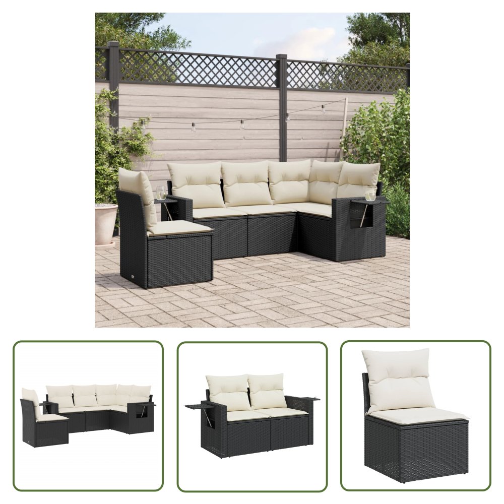 The Living Store 5-cz. zestaw wypoczynkowy do ogrodu - poduszki - czarny rattan PE - Sofa Ogrodowa