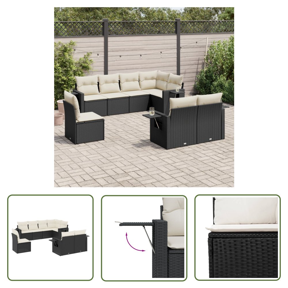 The Living Store 8-cz. zestaw wypoczynkowy do ogrodu - z poduszkami - czarny - Sofa Ogrodowa