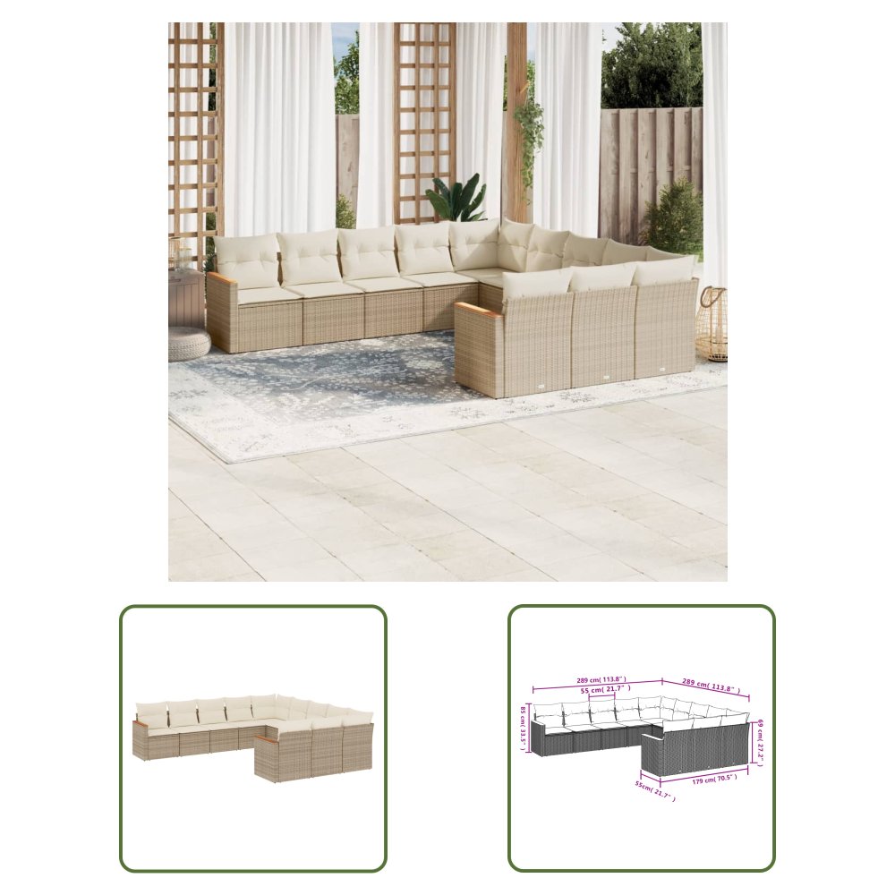 The Living Store 11-cz. zestaw mebli ogrodowych z poduszkami - beżowy - polirattan - Sofa Ogrodowa