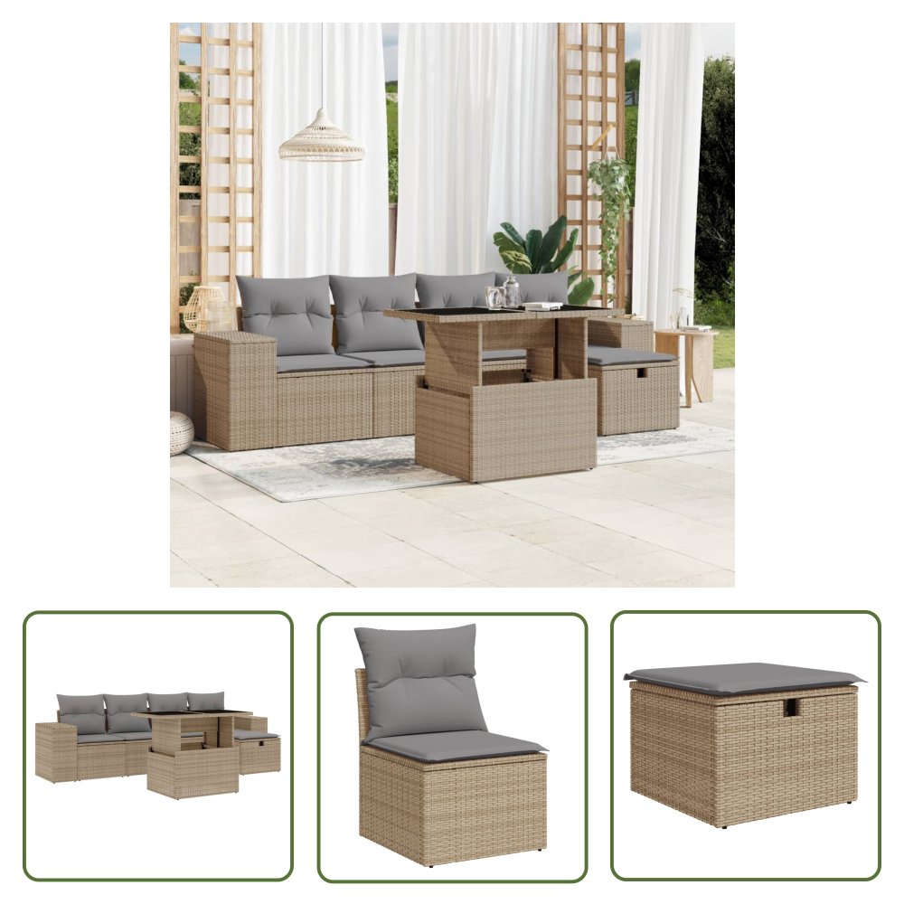 The Living Store 6-cz. zestaw mebli ogrodowych z poduszkami - beżowy - polirattan - Sofa Ogrodowa