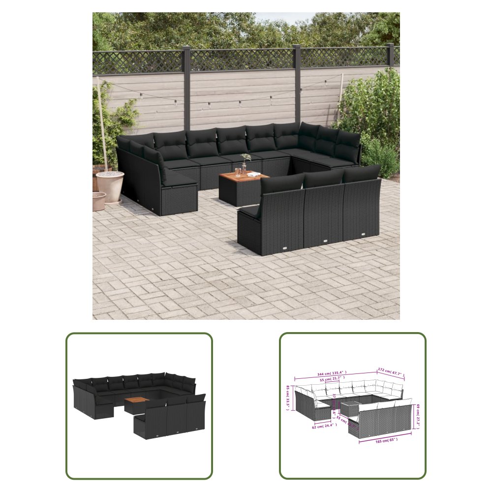 The Living Store 14-cz. zestaw wypoczynkowy do ogrodu - poduszki czarny rattan PE - Sofa Ogrodowa