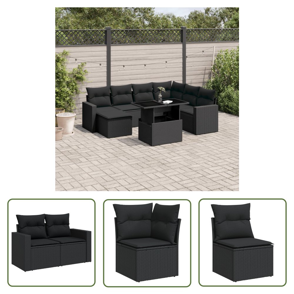 The Living Store 8-cz. zestaw wypoczynkowy do ogrodu - z poduszkami - czarny - Sofa Ogrodowa