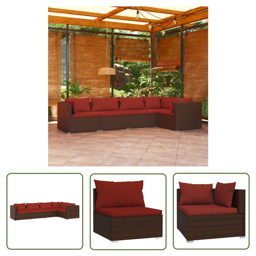 The Living Store 5-cz. zestaw wypoczynkowy do ogrodu - poduszki - polirattan - brąz - Zestaw Mebli Ogrodowych