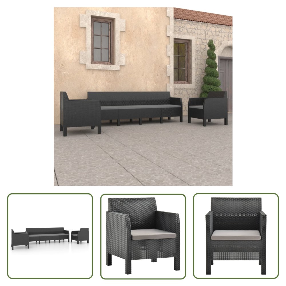 The Living Store 3-cz. zestaw wypoczynkowy - poduszki - rattan PP - antracytowy - Komplet Mebli Ogrodowych