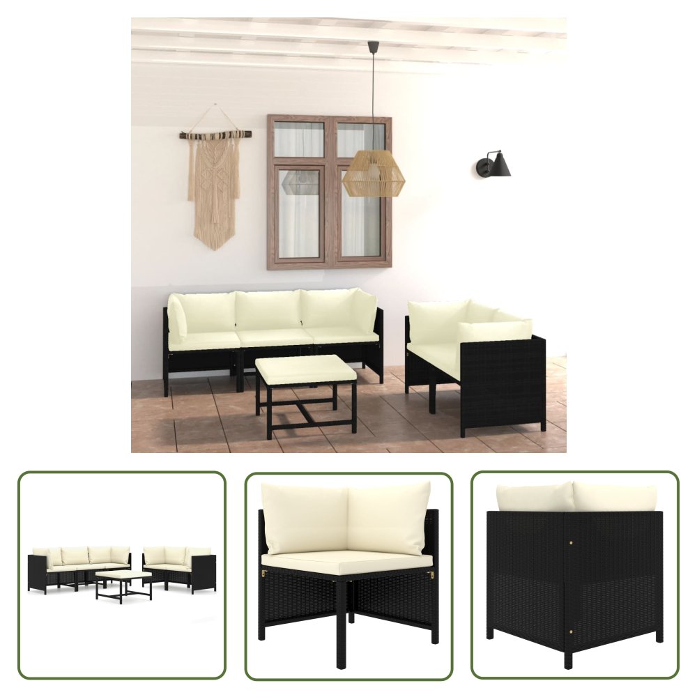 The Living Store 6-cz. zestaw wypoczynkowy do ogrodu - poduszki - rattan PE czarny - Ogrodowy Zestaw Wypoczynkowy