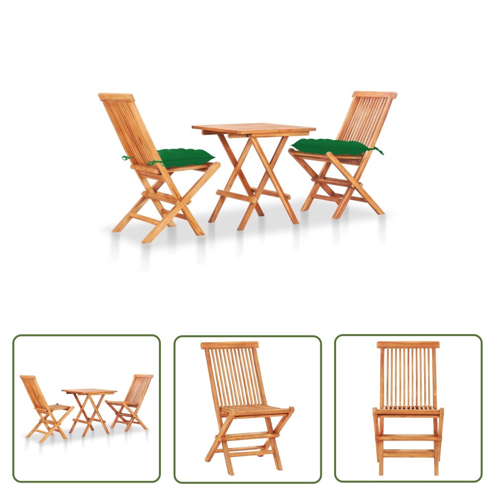 The Living Store 3-cz. zestaw mebli bistro - zielone poduszki - drewno tekowe - Zestaw Mebli Bistro