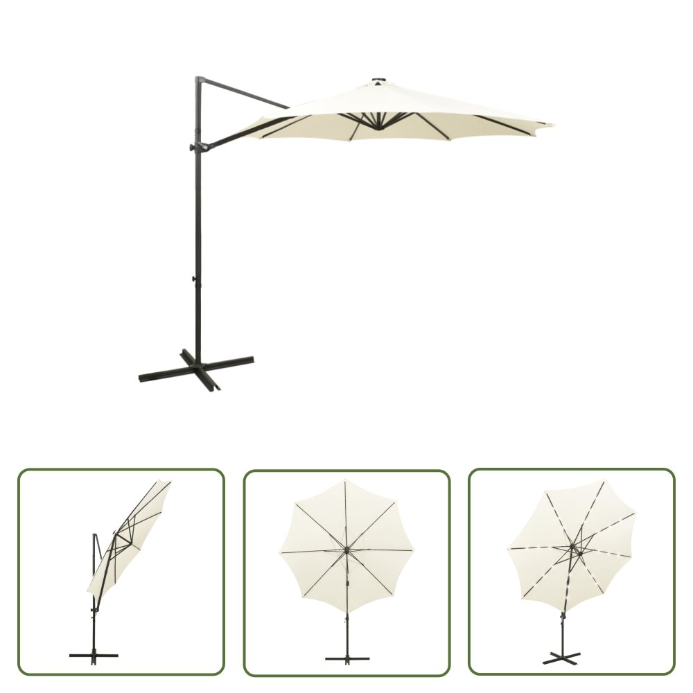 The Living Store Parasol wiszący z lampkami LED i słupkiem - 300 cm - piaskowy - Parasol Wiszący