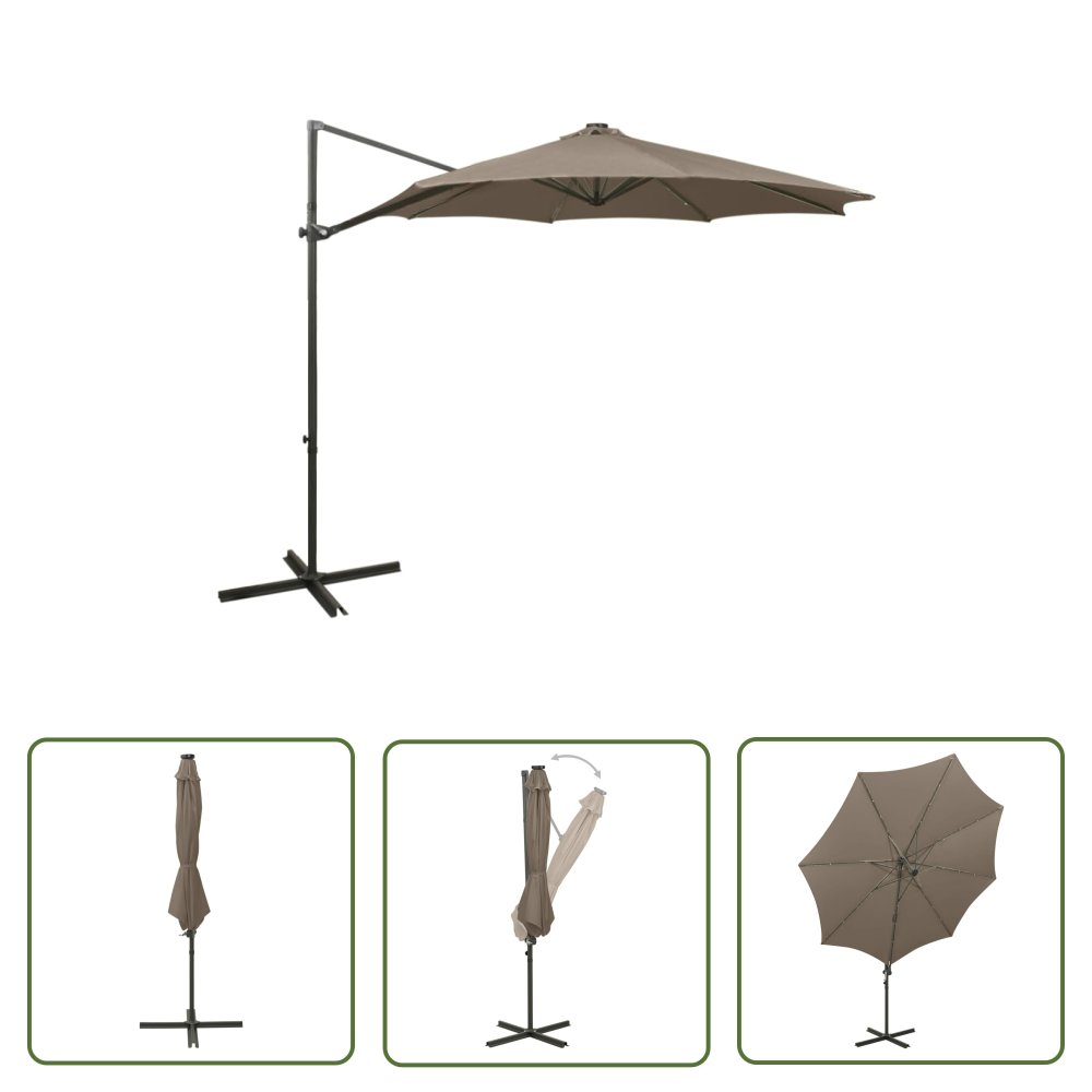 The Living Store Parasol wiszący z lampkami LED i słupkiem - 300 cm - taupe - Parasol Wiszący