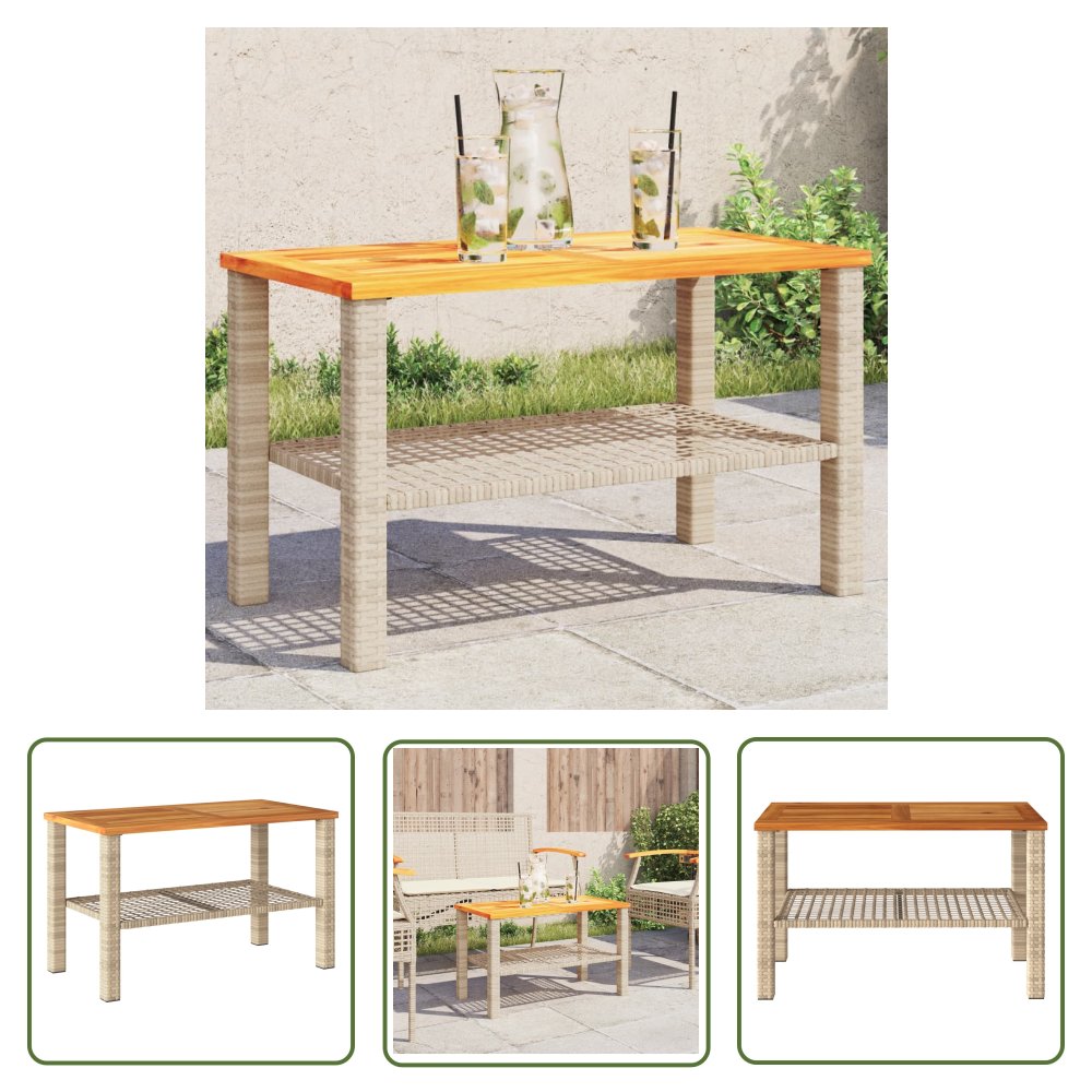 The Living Store Stolik ogrodowy - beżowy - 70x38x42 cm - polirattan i akacja - Stolik Ogrodowy
