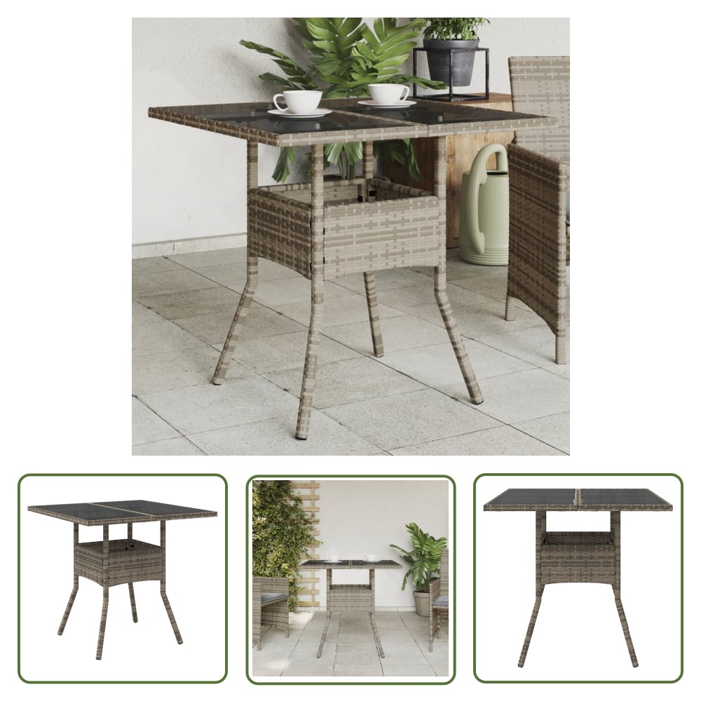 The Living Store Stół ogrodowy ze szklanym blatem - szary - 80x80x75cm - polirattan - Stół Ogrodowy
