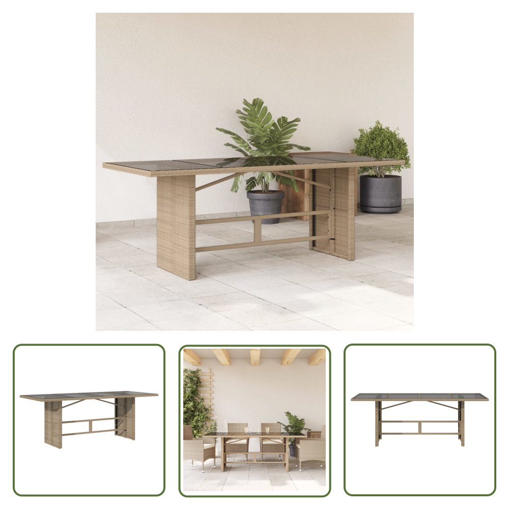 The Living Store Stół ogrodowy ze szklanym blatem - beż - 190x80x75 cm - polirattan - Stół Ogrodowy