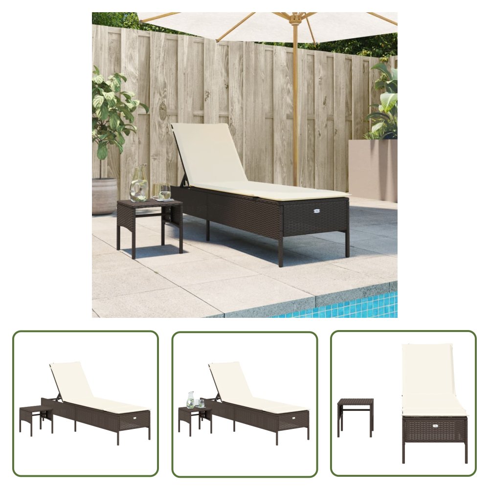 The Living Store Leżak ze stolikiem i poduszką - brązowy - polirattan - Leżak