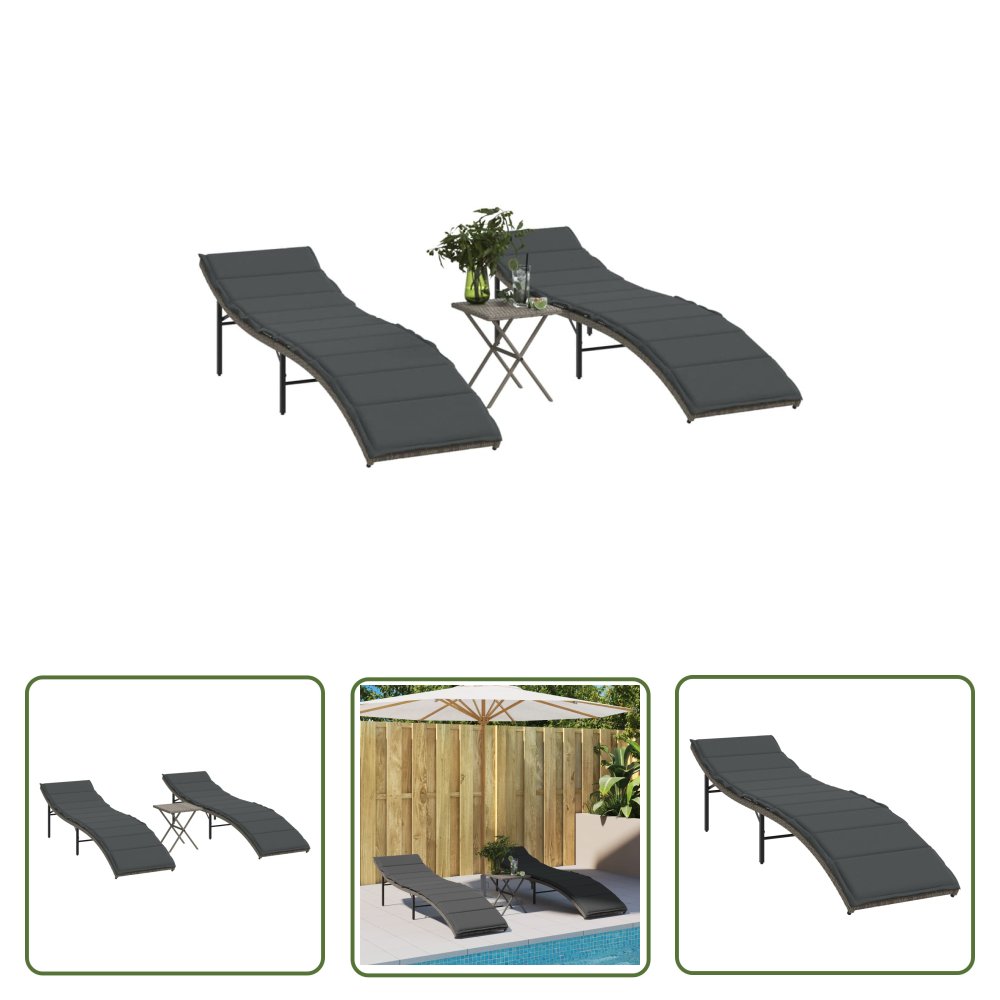 The Living Store Leżaki ze stolikiem - 2 szt. - szare - polirattan - Leżak