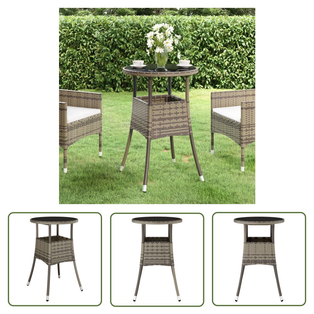 The Living Store Stolik ogrodowy - Ø60x75 cm - szkło hartowane i rattan PE - szary - Stół