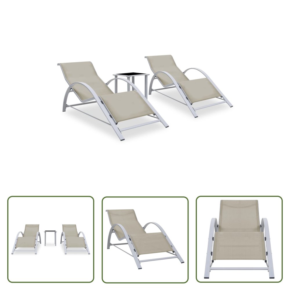 The Living Store Leżaki ze stolikiem - 2 szt. - aluminium - kremowe - Leżak