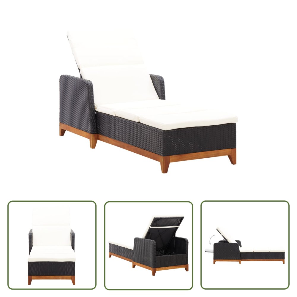 The Living Store Leżak - polirattan i lite drewno akacjowe - czarny - Leżak