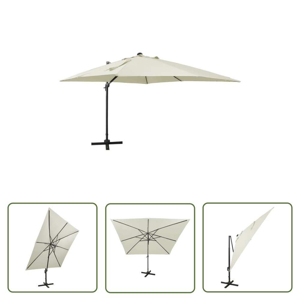 The Living Store Parasol wiszący z lampkami LED i słupkiem - 300 cm - piaskowy - Parasol Wiszący