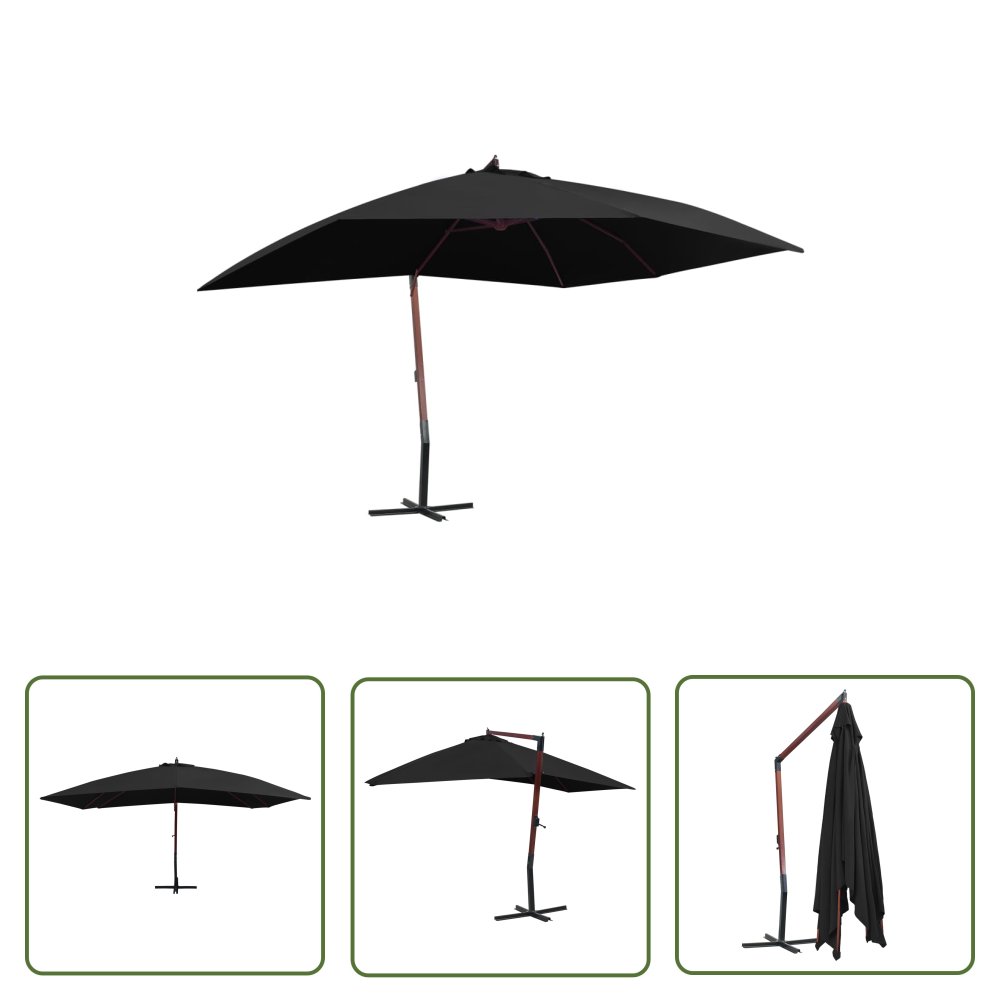 The Living Store Wiszący parasol na drewnianym słupku - 400x300 cm - czarny - Parasol Ogrodowy