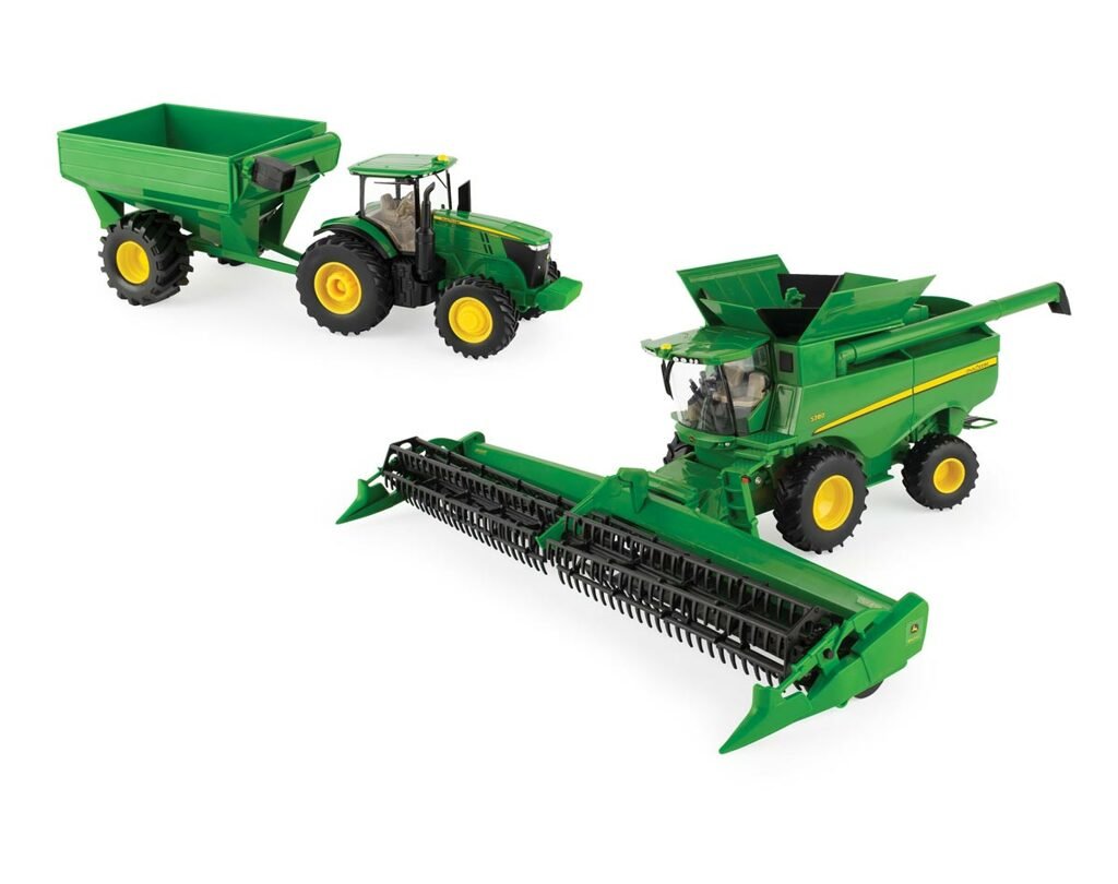 Zestaw kombajn John Deere S780, traktor John Deere 7240R oraz przyczepa do zbioru zboża ERTL