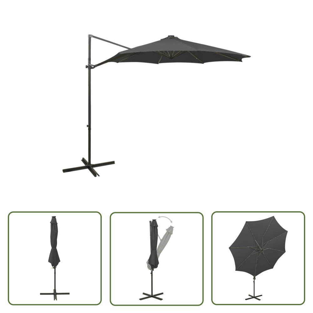 The Living Store Parasol wiszący z lampkami LED i słupkiem - antracytowy - 300 cm - Parasol Wiszący