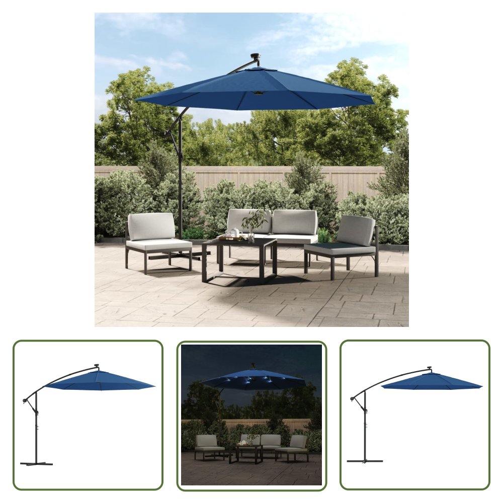 The Living Store Parasol wiszący z LED i stalowym słupkiem - 300 cm - niebieski - Parasol Wiszący