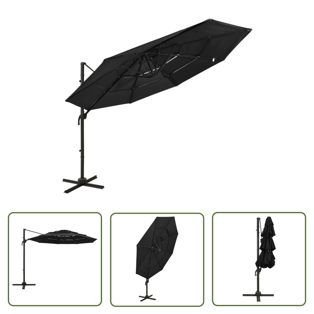 The Living Store 4-poziomowy parasol na aluminiowym słupku - czarny - 3x3 m - Parasol Ogrodowy
