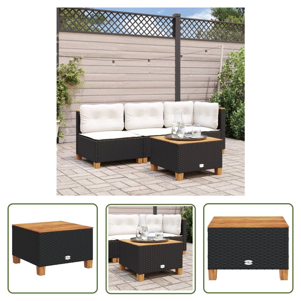 The Living Store Stolik ogrodowy - czarny - 55x55x36 cm - polirattan i akacja - Stolik Ogrodowy