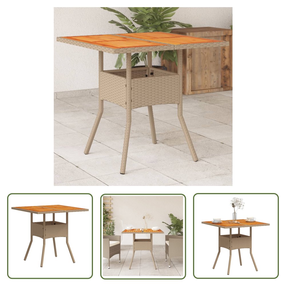 The Living Store Stolik ogrodowy - beżowy - 80x80x75 cm - polirattan i akacja - Stół Ogrodowy