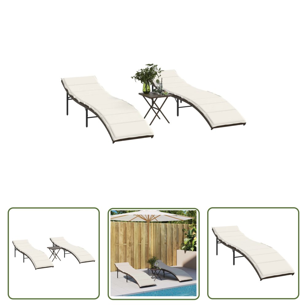 The Living Store Leżaki ze stolikiem - 2 szt. - brązowe - polirattan - Leżak