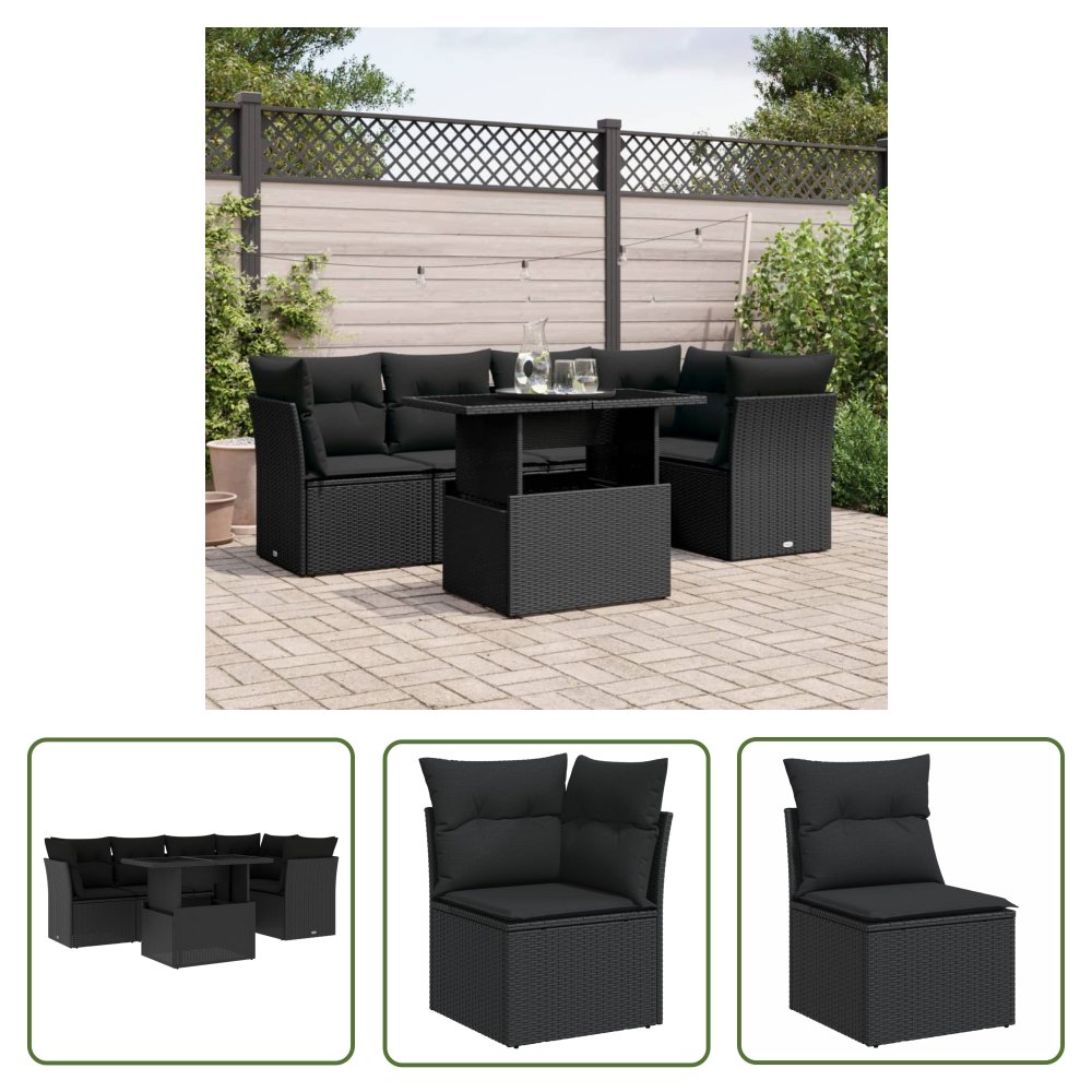 The Living Store 6-cz. zestaw mebli ogrodowych z poduszkami - czarny polirattan - Sofa Ogrodowa
