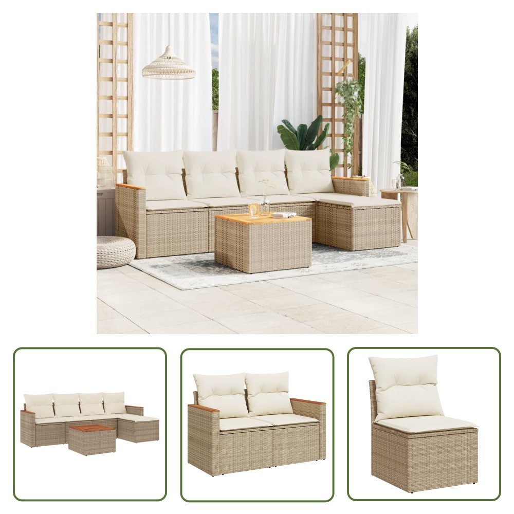 The Living Store 6-cz. zestaw mebli ogrodowych z poduszkami - beżowy - polirattan - Sofa Ogrodowa