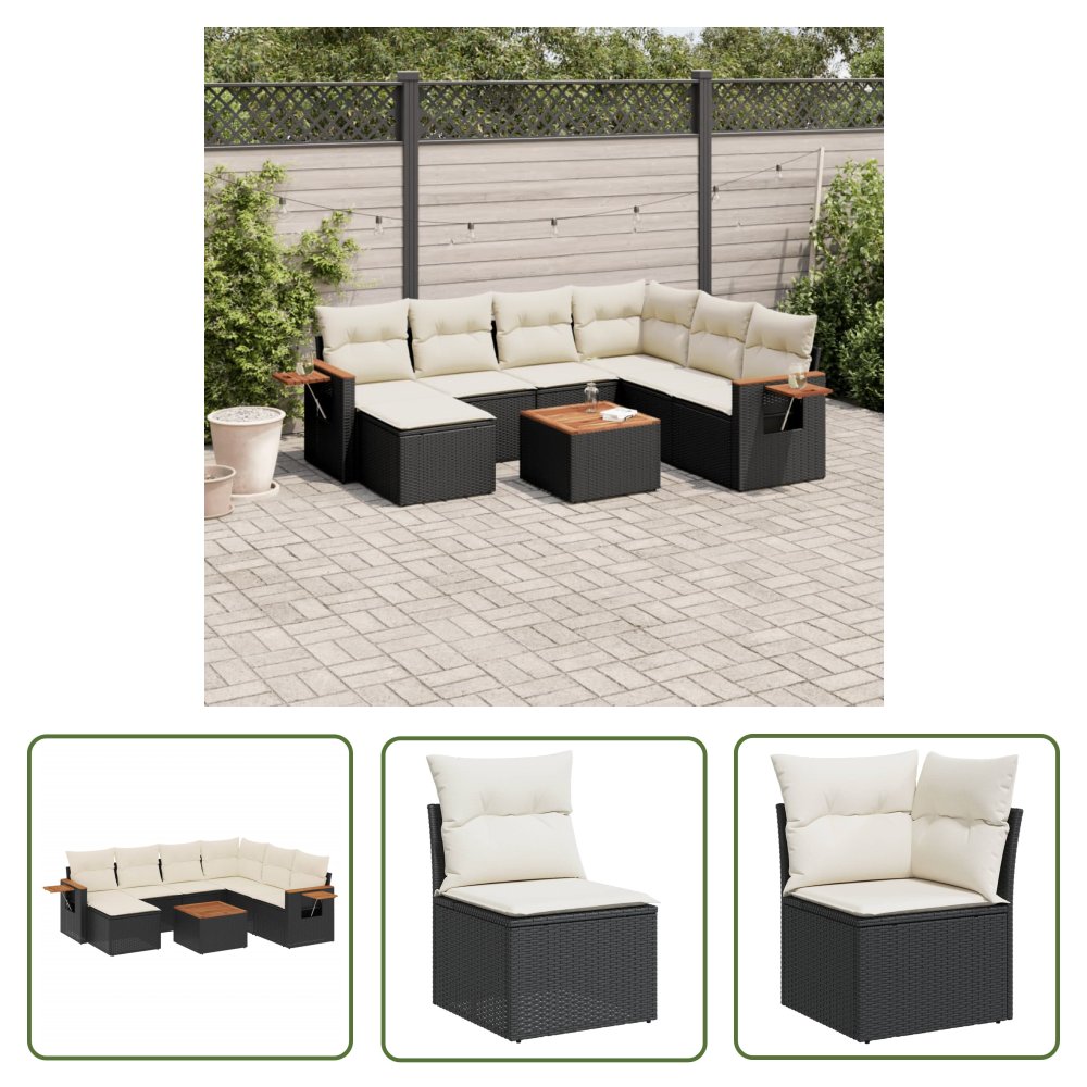The Living Store 8-cz. zestaw wypoczynkowy do ogrodu - z poduszkami - czarny - Sofa Ogrodowa