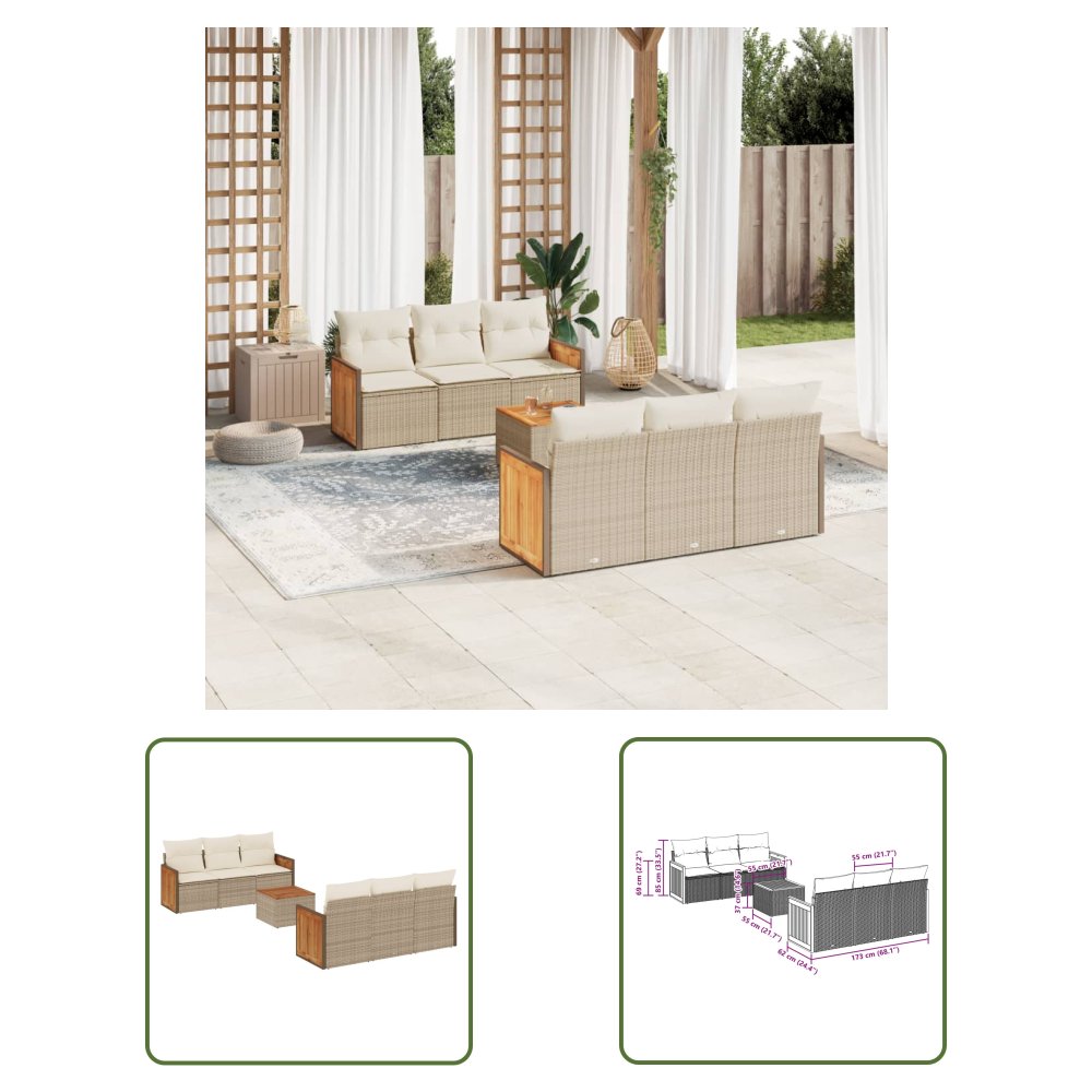 The Living Store 7-cz. zestaw wypoczynkowy do ogrodu - z poduszkami - beżowy - Sofa Ogrodowa