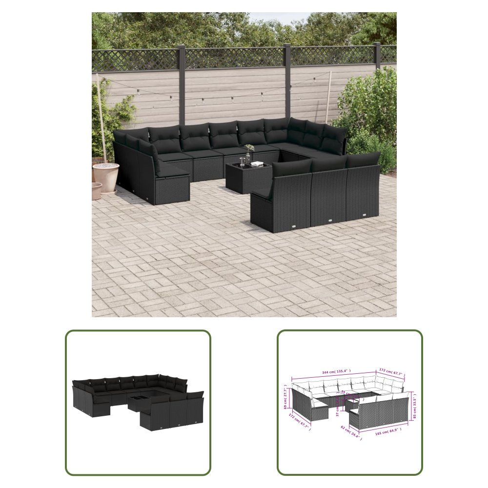 The Living Store 14-cz. zestaw wypoczynkowy do ogrodu - poduszki czarny rattan PE - Sofa Ogrodowa