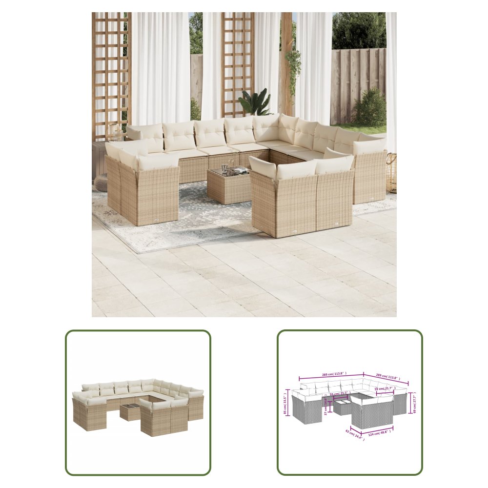 The Living Store 14-cz. zestaw mebli ogrodowych z poduszkami - beżowy - polirattan - Sofa Ogrodowa
