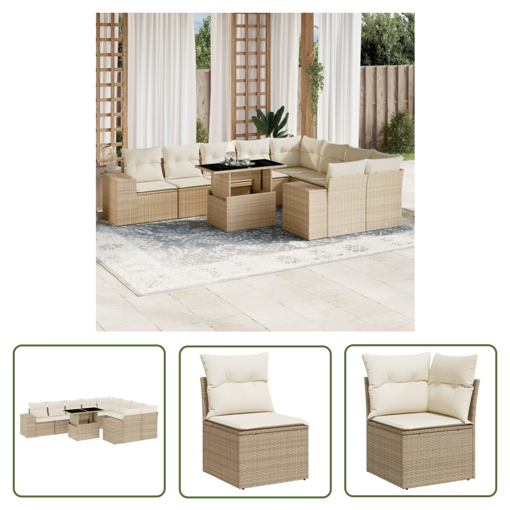 The Living Store 10-cz. zestaw mebli ogrodowych z poduszkami - beżowy - polirattan - Sofa Ogrodowa