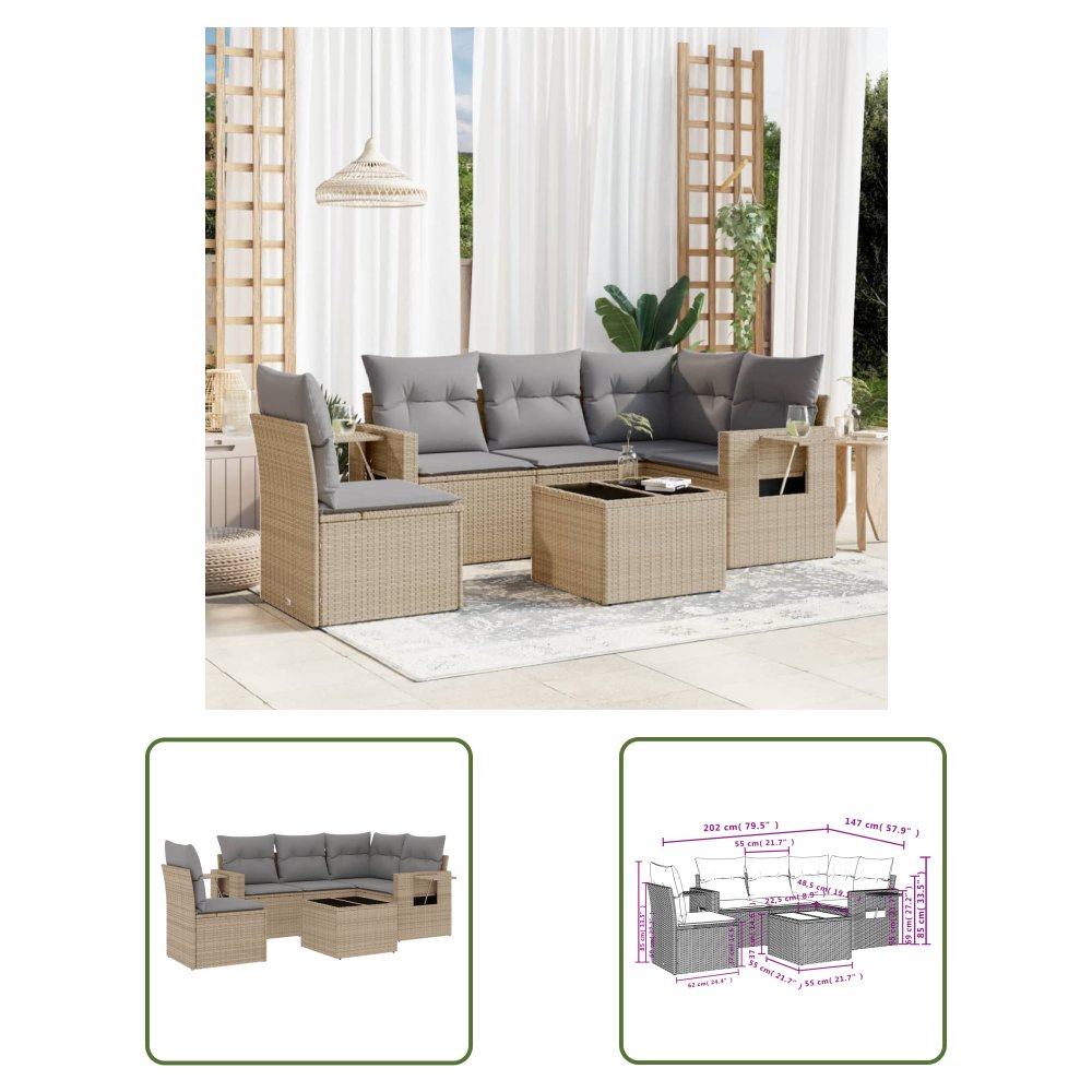 The Living Store 6-cz. zestaw mebli ogrodowych z poduszkami - beżowy - polirattan - Sofa Ogrodowa