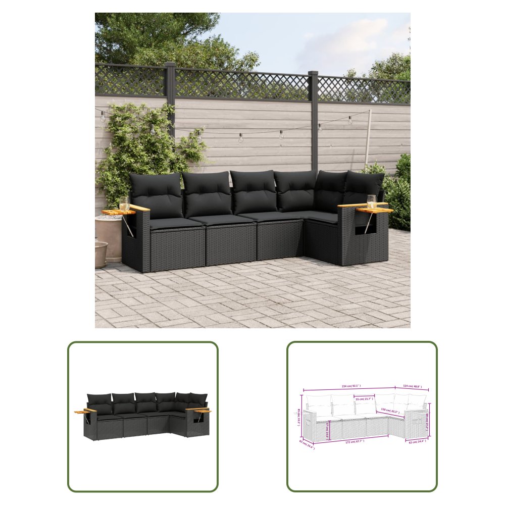The Living Store 5-cz. zestaw wypoczynkowy do ogrodu - poduszki - czarny rattan PE - Sofa Ogrodowa