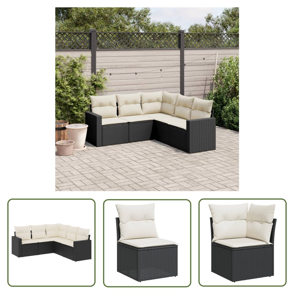 The Living Store 5-cz. zestaw wypoczynkowy do ogrodu - poduszki - czarny rattan PE - Sofa Ogrodowa