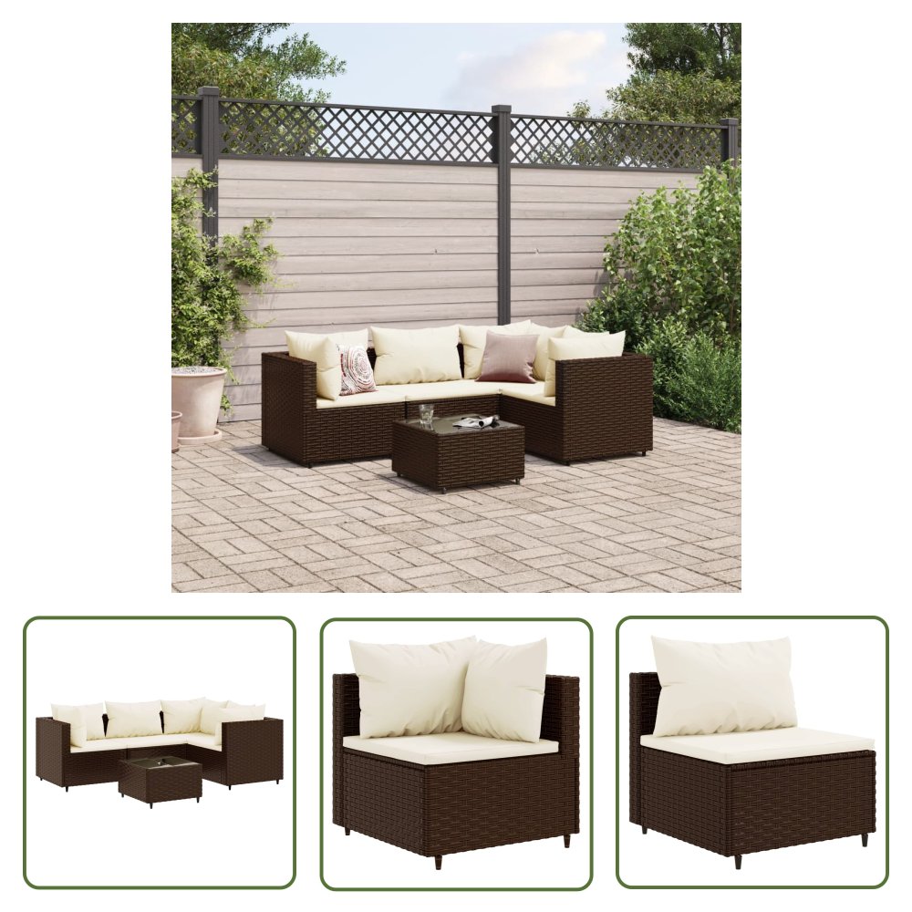 The Living Store 5-cz. zestaw wypoczynkowy do ogrodu - poduszki - polirattan - brąz - Zestaw Wypoczynkowy Do Ogrodu