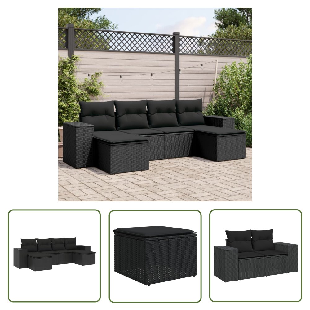 The Living Store 6-cz. zestaw mebli ogrodowych z poduszkami - czarny polirattan - Sofa Ogrodowa