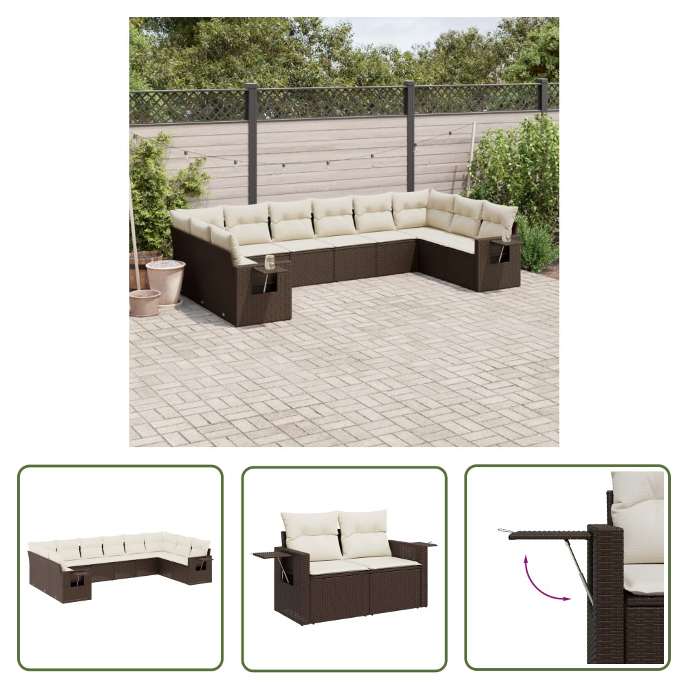 The Living Store 10-cz. zestaw mebli ogrodowych z poduszkami - brązowy polirattan - Sofa Ogrodowa