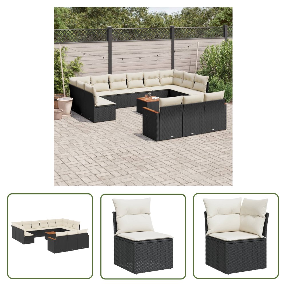 The Living Store 14-cz. zestaw wypoczynkowy do ogrodu - poduszki czarny rattan PE - Sofa Ogrodowa