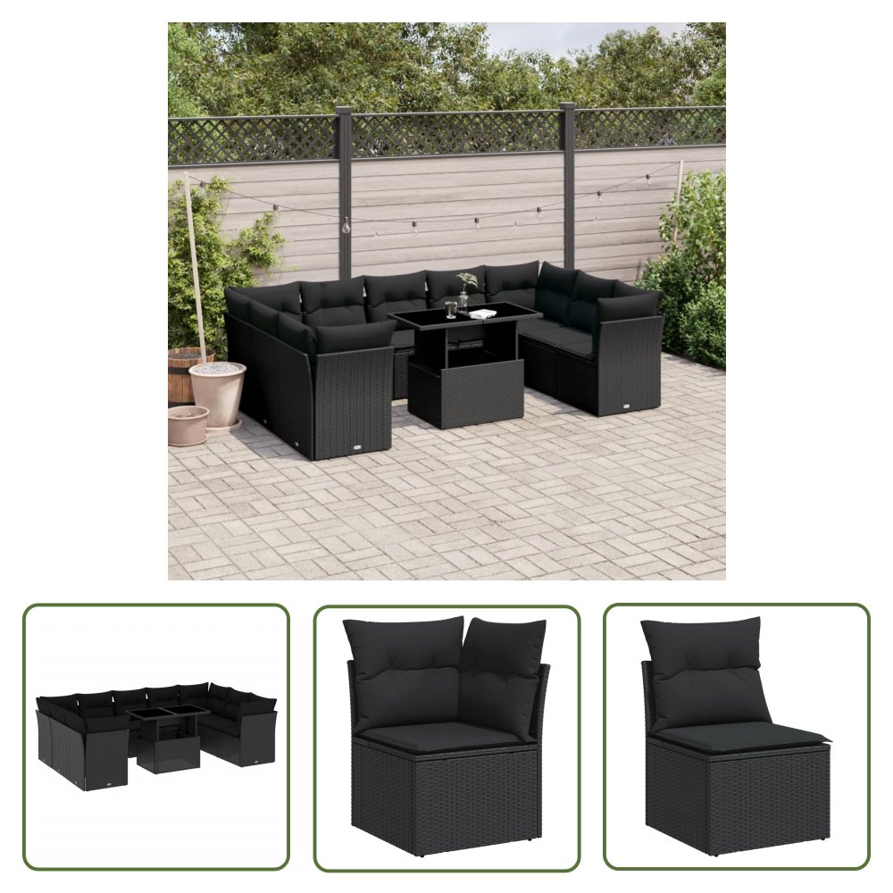 The Living Store 10-cz. zestaw wypoczynkowy do ogrodu - z poduszkami - czarny - Sofa Ogrodowa
