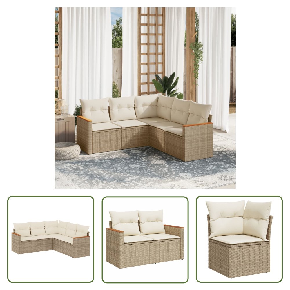 The Living Store 5-cz. zestaw mebli ogrodowych z poduszkami - beżowy - polirattan - Sofa Ogrodowa